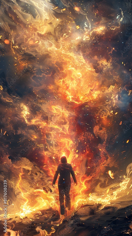 A family plays on a beach at sunset, the orange sky reflecting off the water as wisps of smoke rise from a distant fire A family plays on a beach at sunset, the orange sky reflecting off the water as wisps of smoke rise from a distant fire