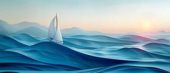 Fototapete Nautischer Stil Segelboot auf stilisierten blauen Wellen  © thowithun