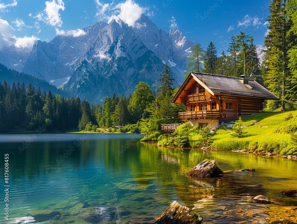 A cabin is sitting on the shore of a lake.