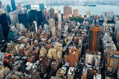 New York City Manhattan skyline panorama with skyscrapers and buildings.
