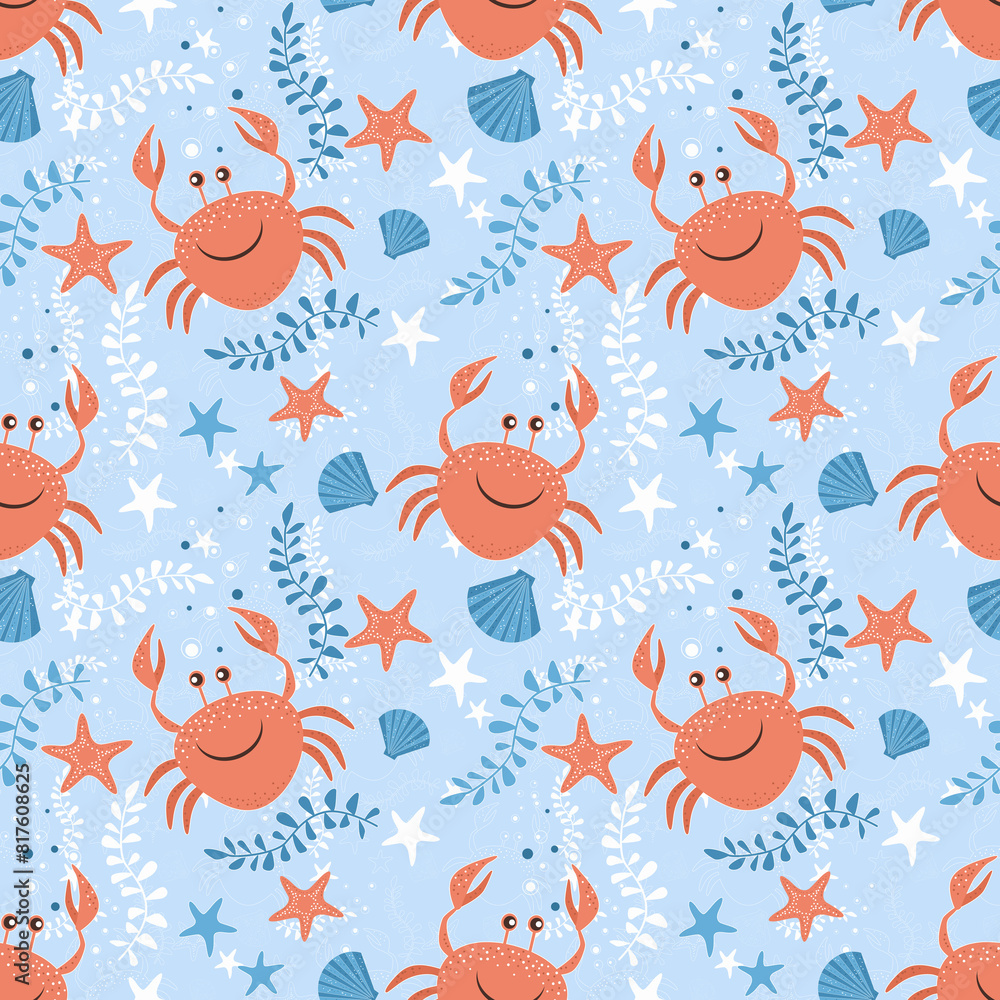 Obraz premium Seamless marine summer pattern. Crabs, shells and starfish on a light blue background.