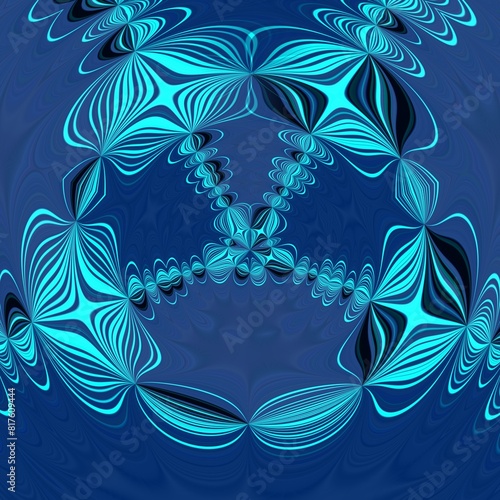 square format turquoise and black creative patterns and fractal design on a royal blue background with drop shadows
