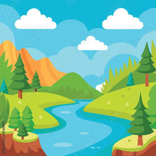 Cartoon landscape with river bay  water surface and river banks with trees. Cozy place background vector