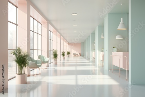 Interior of a modern office with a long corridor.