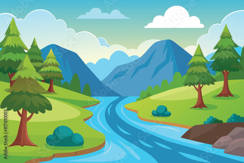 Cartoon landscape with river bay, water surface and river banks with trees. Cozy place background vector © mobarok8888