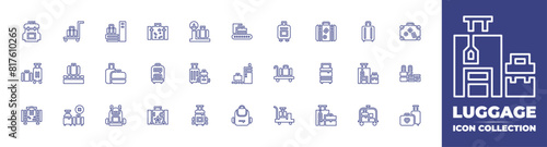Luggage line icon collection. Editable stroke. Vector illustration. Containing luggage, suitcase, schoolbag, travelbag, scale, baggage, luggagecart, luggagescan, backpack. photo