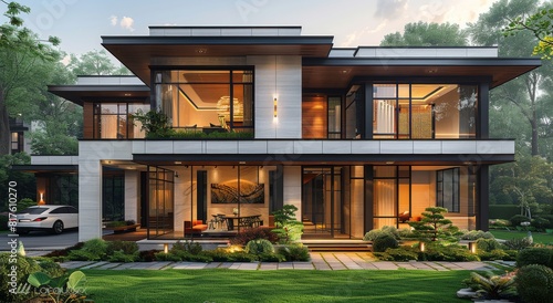 Luxurious modern house with expansive windows and elegant architecture surrounded by lush greenery
