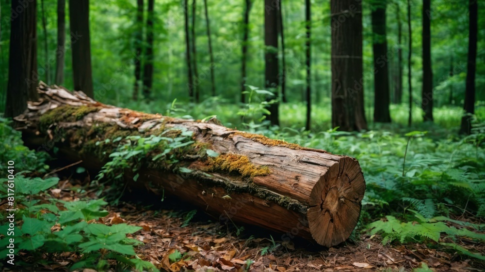A fallen tree trunk lies in a forest clearing surrounded by lush greenery, ideal for nature themes A fallen tree trunk lies in a forest clearing surrounded by lush greenery, ideal for nature themes