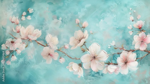 Fototapeta Naklejka Na Ścianę i Meble -  Pink cherry blossoms on a teal watercolor background