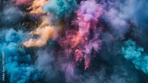 A visual effect of colored powders, dynamic and mesmerizing