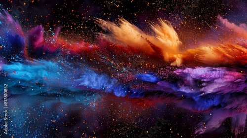 A visual effect of colored powders, dynamic and mesmerizing