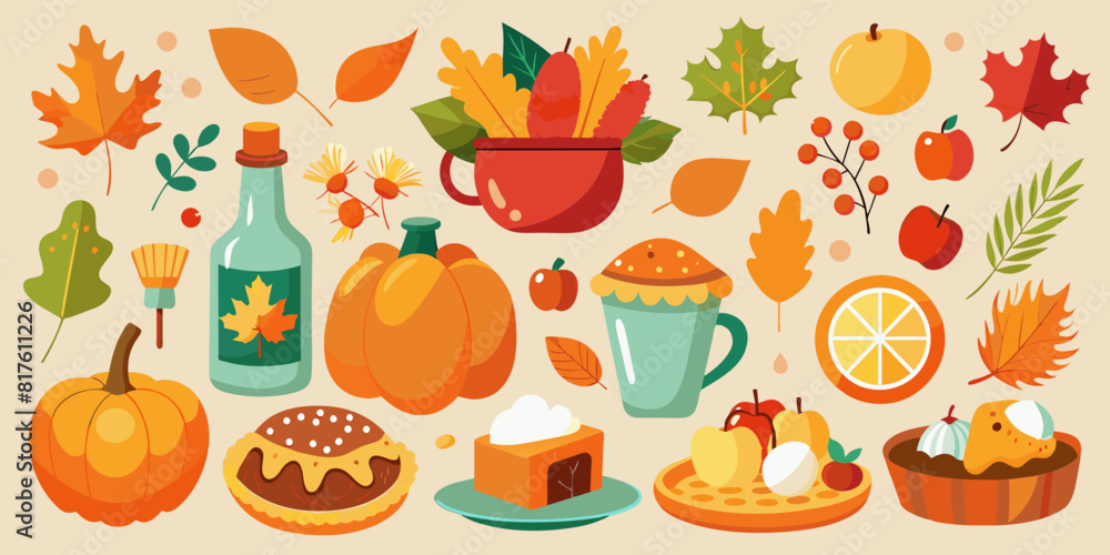 A colorful collection of food items, including apples, oranges, and pumpkins, arranged in a pattern A colorful collection of food items, including apples, oranges, and pumpkins, arranged in a pattern
