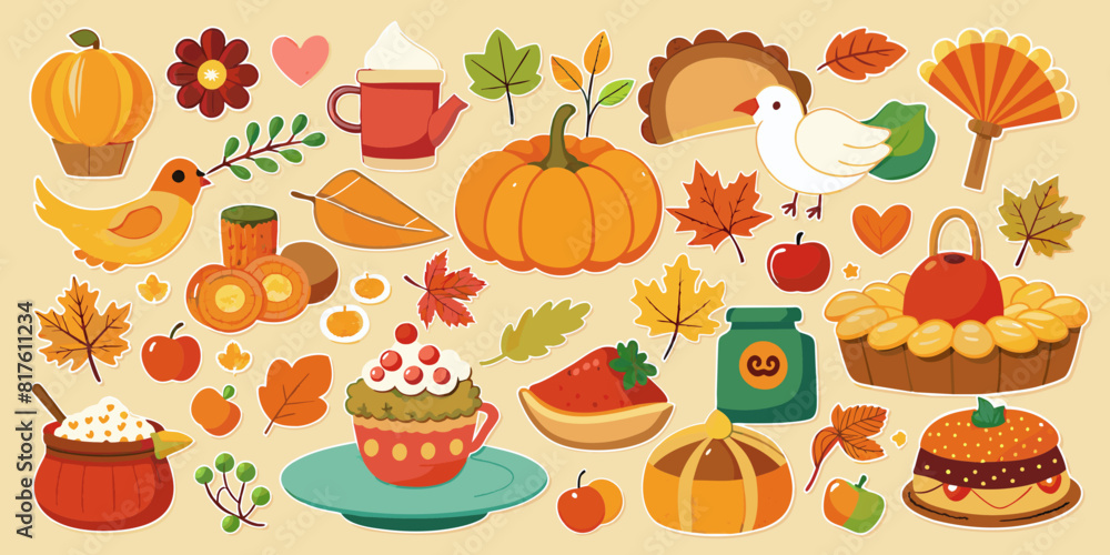 A colorful collection of food items, including apples, pears, pies, and cakes, with a bird and a cup in the middle A colorful collection of food items, including apples, pears, pies, and cakes, with a bird and a cup in the middle