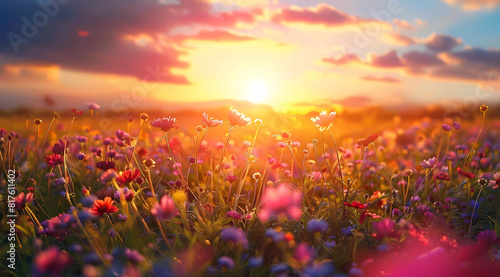 Beautiful colorful wildflowers in the field at sunset  nature landscape background with a beautiful sky and sun rays