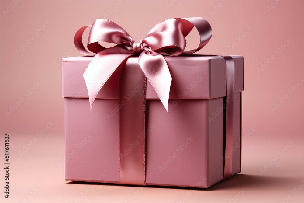 The gift is wrapped in pink paper and tied with a pink ribbon on a pink background. The gift is wrapped in pink paper and tied with a pink ribbon on a pink background.