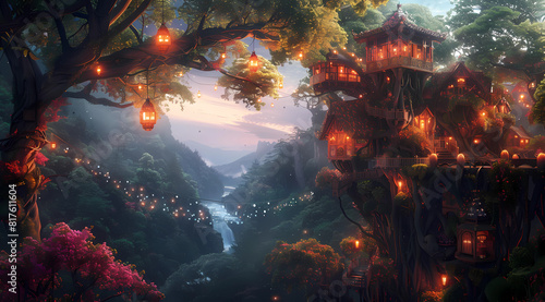 A fantasy world with treehouses and hanging lanterns, set in an enchanted forest overlooking the river below