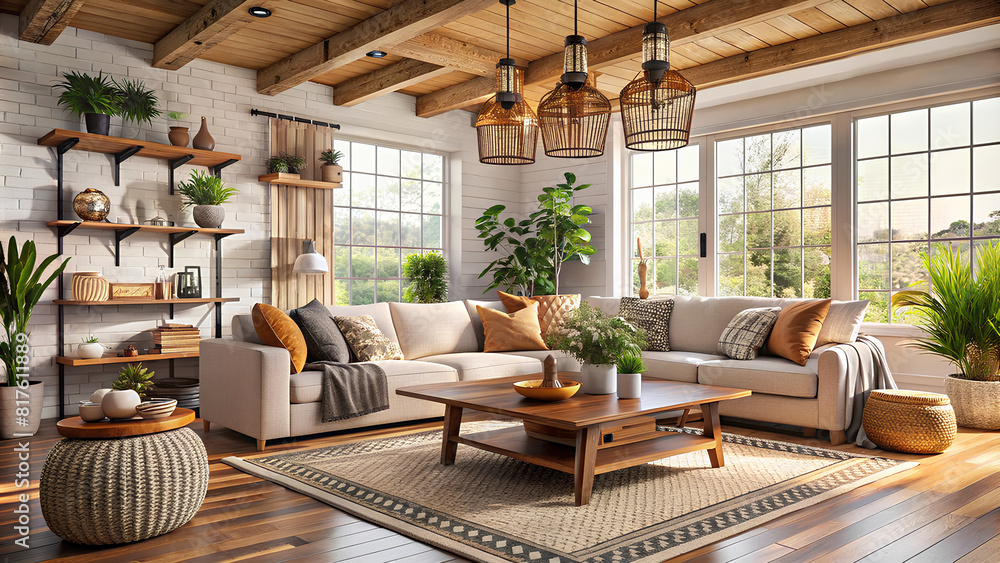 Fototapeta premium minimalist Farmhouse, boho style interior design of modern living room, home