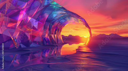 A colorful low poly abstract illustration of an iridescent crystal tunnel entrance with water reflections at sunset