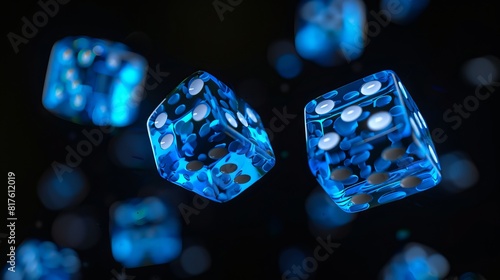 A blue dice is floating in the air.
