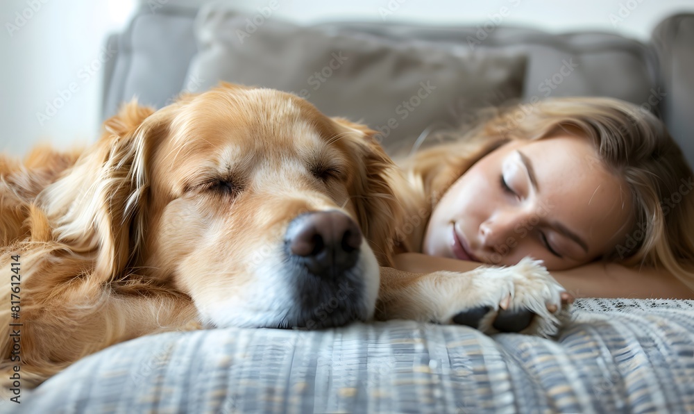 woman and her golden retriever dog relaxing on a couch, Generative AI woman and her golden retriever dog relaxing on a couch, Generative AI