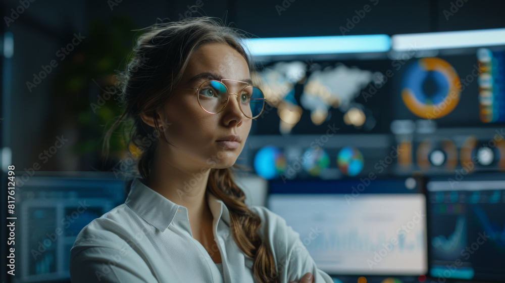 Confident female software developer looking at multiple computer screens with lines of code and data Confident female software developer looking at multiple computer screens with lines of code and data