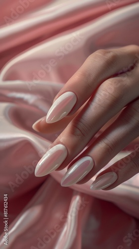 Wallpaper Mural Photo of woman hand with manicure in beautiful fashion neutral colors. Pretty elegant acrylic nude pink gel polish stiletto nail manicure wear armor long nails for spa salon web advertising branding Torontodigital.ca