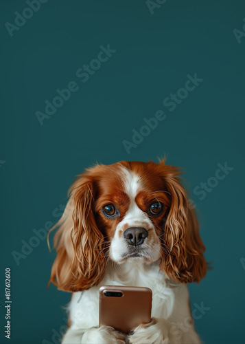 A dog holding a smartphone while looking at the camera. Smart, cute dog uses phone to surf the internet. Poster. photo