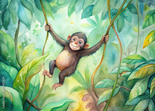 Cherubic chimpanzee swinging from vine to vine  painted in vibrant watercolor hues amidst lush foliage