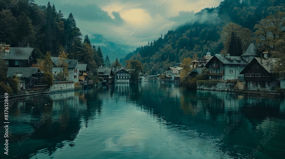 Obraz premium A small town is surrounded by mountains and water.