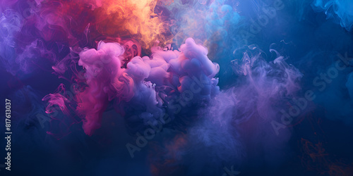 Explosion of multicolored paint on dark blue background splash of colorful powder abstract pattern of colored dust clouds Concept of burst swirl banner holi texture splash