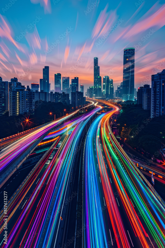 Fototapeta premium Two parallel expressways cutting through the cityscape, stretching into the distance. Rather than traditional vehicle lights, the expressways are illuminated with vibrant, swirling lights
