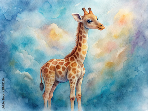An adorable baby giraffe with long neck and spots, depicted in a whimsical watercolor technique. photo