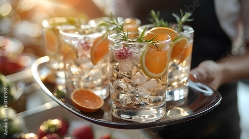 corporate event or business function, closeup view of waiter presents welcome drinks to attendees