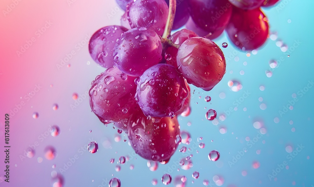 Close up of grape flying in the air a colorful background , Generative AI Close up of grape flying in the air a colorful background , Generative AI