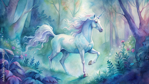 A majestic unicorn prancing through a magical forest, its mane flowing beautifully in watercolor hues. photo