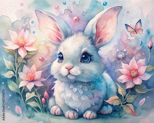 A fluffy bunny with big, expressive eyes, surrounded by delicate watercolor flowers and butterflies. photo