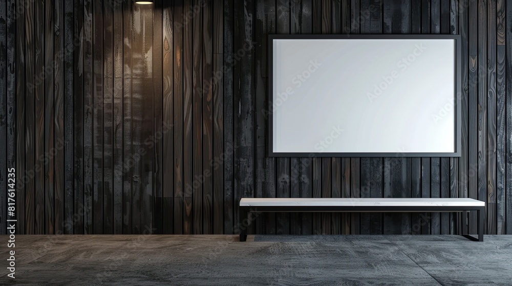 Dark Minimalistic Interior with Wooden Wall and Simple Mock-up Frame Dark Minimalistic Interior with Wooden Wall and Simple Mock-up Frame