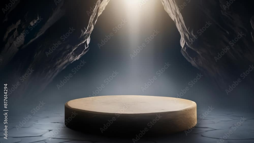 An empty stone pedestal illuminated by a spotlight stands in the center ...