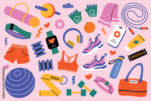 Fitness equipment collection, fitball, dumbbells, sneakers doodles, vector illustrations of sport accessories for women, sportswear icons, cartoon bottle, tracker, weighted wristbands
