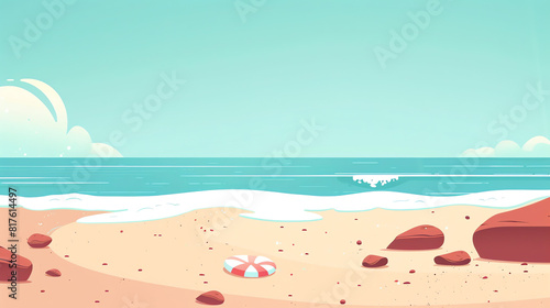 Calm beach with gentle waves and colorful rocks under a clear sky during daytime