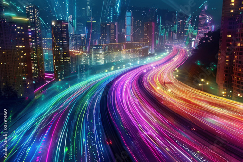 Two parallel expressways cutting through the cityscape  stretching into the distance. Rather than traditional vehicle lights  the expressways are illuminated with vibrant  swirling lights