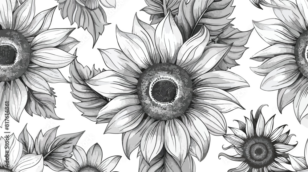 Monochrome floral seamless pattern with sunflower hea