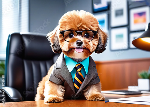 Fluffy cute brown maltipoo dog in a business suit and glasses sits at an office desk in office