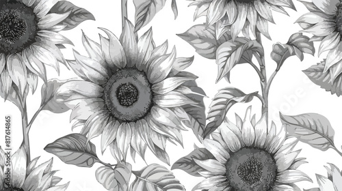 Monochrome floral seamless pattern with sunflower hea