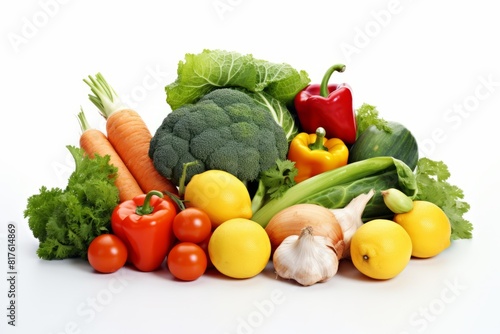 Composition of fruits and vegetables isolated on white background. Nice wide frame with free space for text. Collage