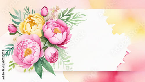 watercolor frame in pastel colors. invitation or greeting card template with peonies, space for text