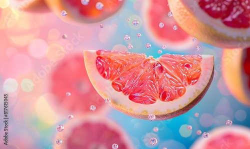 Close up of grapefruit flying in the air a colorful background  Generative AI