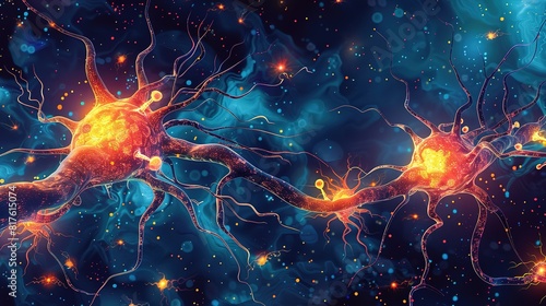Microscopic view of neurons illustrating the complex network within the human brain, highlighting medical research on neurological disorders photo