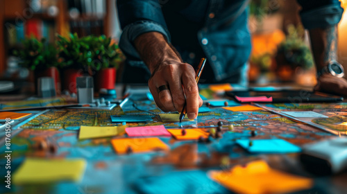 Close-up of a man's hand placing a sticky note on a large map.
