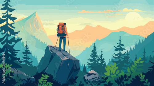 Mountain hiking flat vector illustration. Backpacker